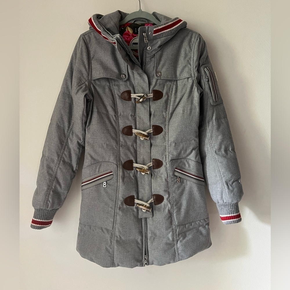 Bogner Sport Gray Down Puffer Toggle Hooded Striped Ski Snow Jacket Coat Size 4